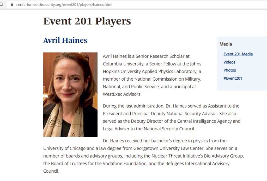 Avril Haynes connected to Obama and Event 201
