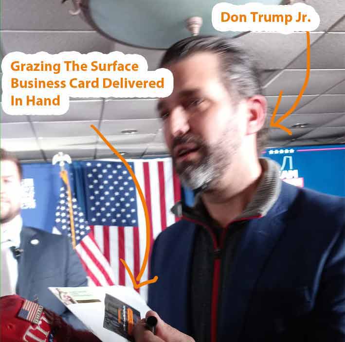 President Donald Trump and Don Trump Jr were both delivered a Grazingthesurface.com card in Hand at the New Hampshire rally in 2024